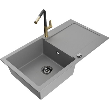 Mexen Leo granitový dřez s 1 komorou s odkapávačem a kuchyňskou baterií Flora, šedá - 6501-71-670401-57-B