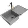 Mexen Leo granitový dřez s 1 komorou s odkapávačem a kuchyňskou baterií Flora, šedá - 6501-71-670401-57-B