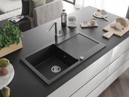 Mexen Leo granitový jednodřez s odkapávačem a kuchyňská baterie Flora, černý/stříbrný metalický - 6501-73-670401-00
