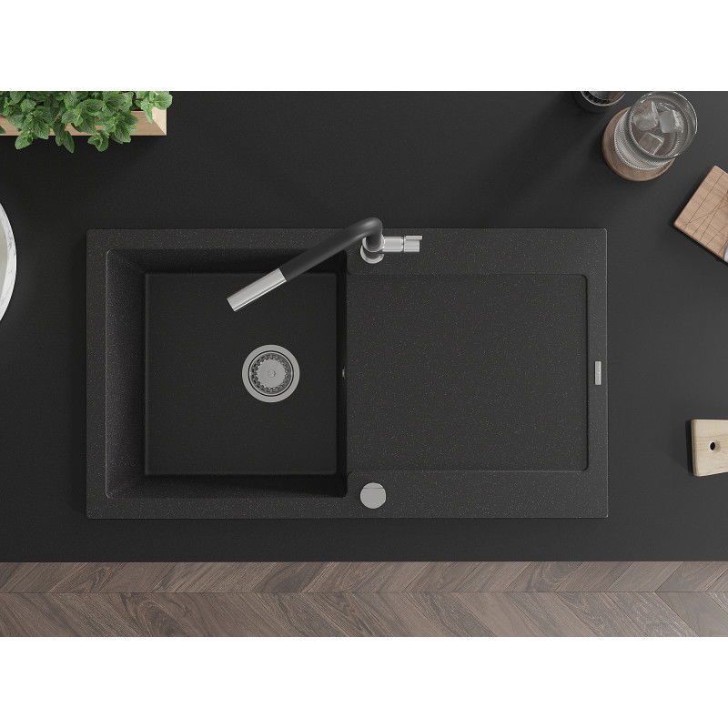 Mexen Leo granitový dřez 1-komorový s odkapávačem a kuchyňskou baterií Flora, černý/stříbrný metalík - 6501-73-670401-07