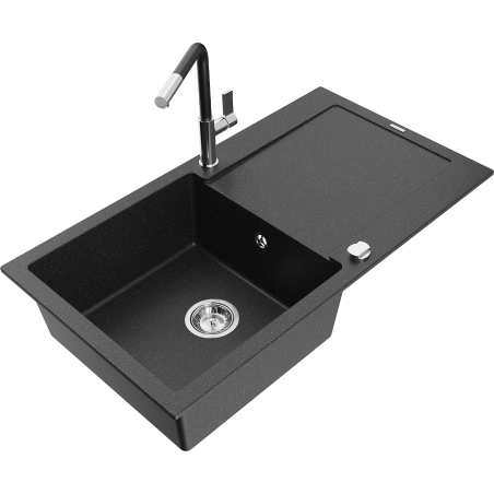 Mexen Leo granitový dřez 1-komorový s odkapávačem a kuchyňskou baterií Flora, černý/stříbrný metalík - 6501-73-670401-07