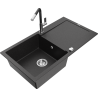 Mexen Leo granitový dřez 1-komorový s odkapávačem a kuchyňskou baterií Flora, černý/stříbrný metalík - 6501-73-670401-07
