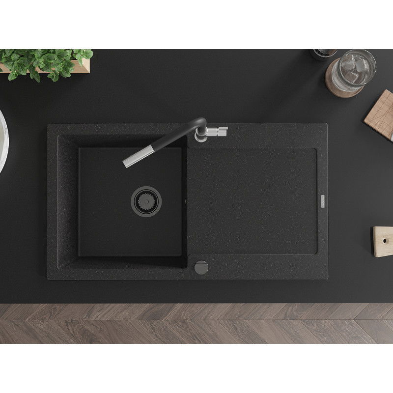 Mexen Leo granitový dřez 1-komorový s odkapávačem a kuchyňská baterie Flora, černý/stříbrný metalik - 6501-73-670401-07-B