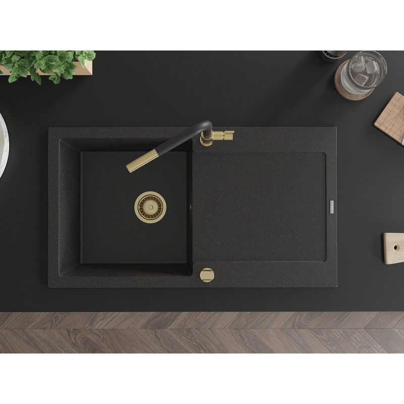 Mexen Leo granitový dřez 1-komorový s odkapávačem a kuchyňskou baterií Flora, černý/stříbrný metalik - 6501-73-670401-57-G