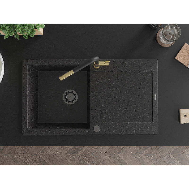 Mexen Leo granitový dřez 1-komorový s odkapávačem a kuchyňskou baterií Flora, černý/stříbrný metalik - 6501-73-670401-57-B