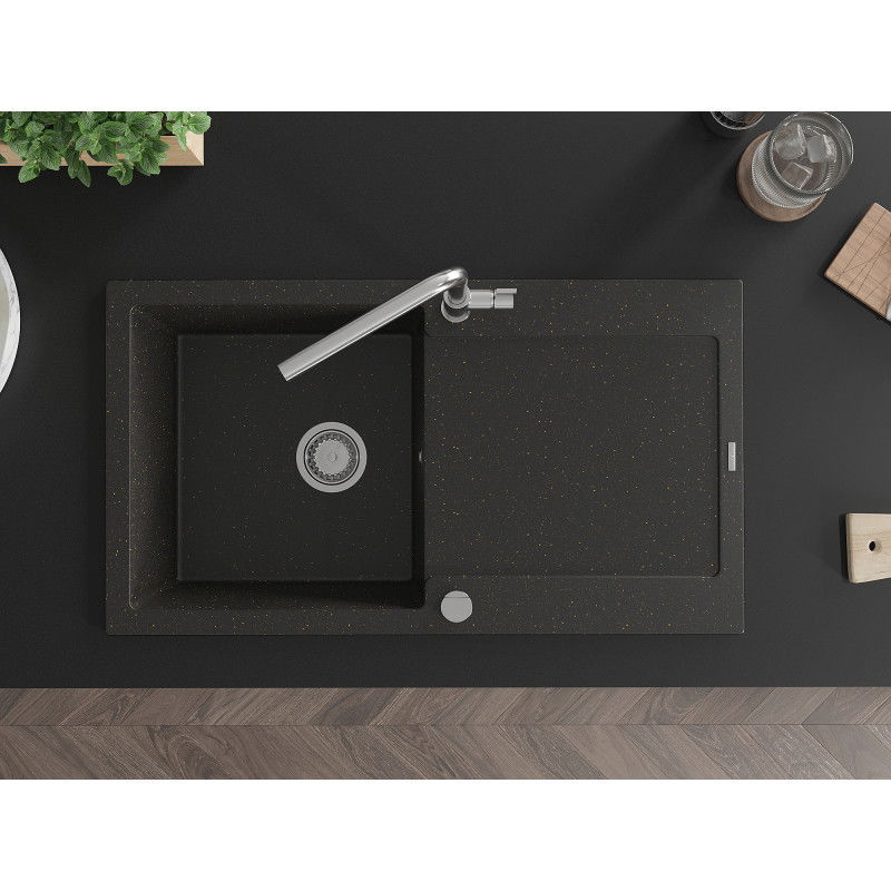 Mexen Leo granitový dřez 1-komorový s odkapávačem a kuchyňskou baterií Flora, černý/zlatý metalický - 6501-75-670401-00
