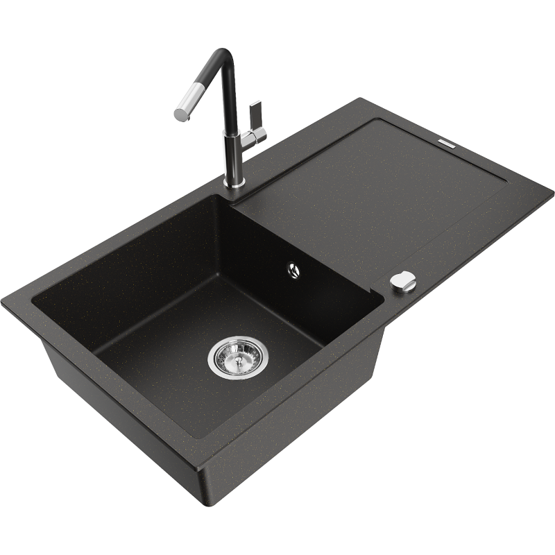 Mexen Leo granitový dřez 1-komorový s odkapávačem a kuchyňskou baterií Flora, černý/zlatý metalik - 6501-75-670401-07