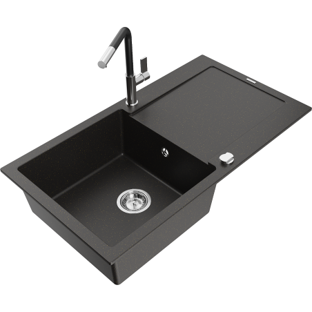 Mexen Leo granitový dřez 1-komorový s odkapávačem a kuchyňskou baterií Flora, černý/zlatý metalik - 6501-75-670401-07
