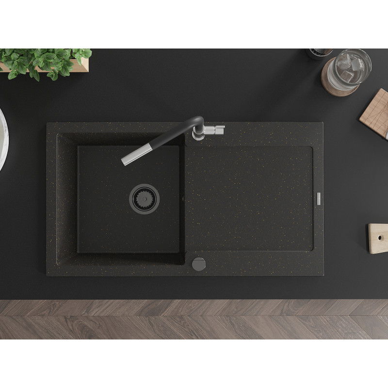 Mexen Leo granitový dřez s jednou komorou, odkapávačem a kuchyňskou baterií Flora, černý/zlatý metalík