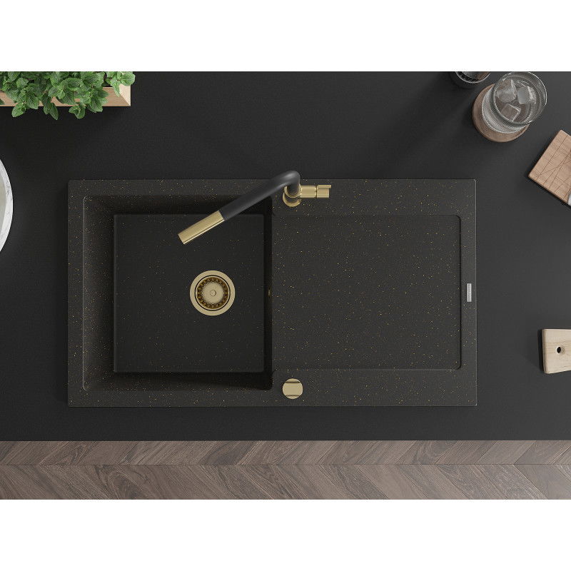 Mexen Leo granitový dřez 1-komorový s odkapávačem a kuchyňskou baterií Flora, černý/zlatý metalický - 6501-75-670401-57-G