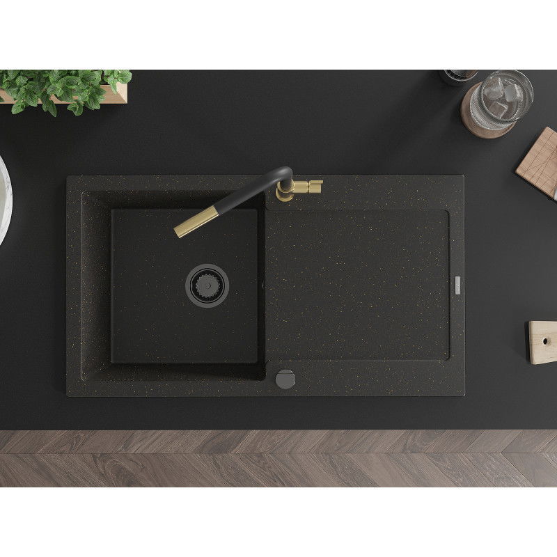 Mexen Leo granitový dřez 1-komorový s odkapávačem a kuchyňskou baterií Flora, černý/zlatý metalík - 6501-75-670401-57-B