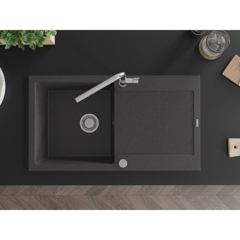 Mexen Leo granitový dřez s 1 komorou s odkapávačem a kuchyňskou baterií Flora, černý skvrnitý - 6501-76-670401-00