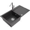 Mexen Leo granitový dřez s 1 komorou s odkapávačem a kuchyňskou baterií Flora, černý skvrnitý - 6501-76-670401-00