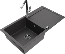 Mexen Leo granitový dřez 1-komorový s odkapávačem a kuchyňskou baterií Flora, černý s tečkami - 6501-76-670401-07-B