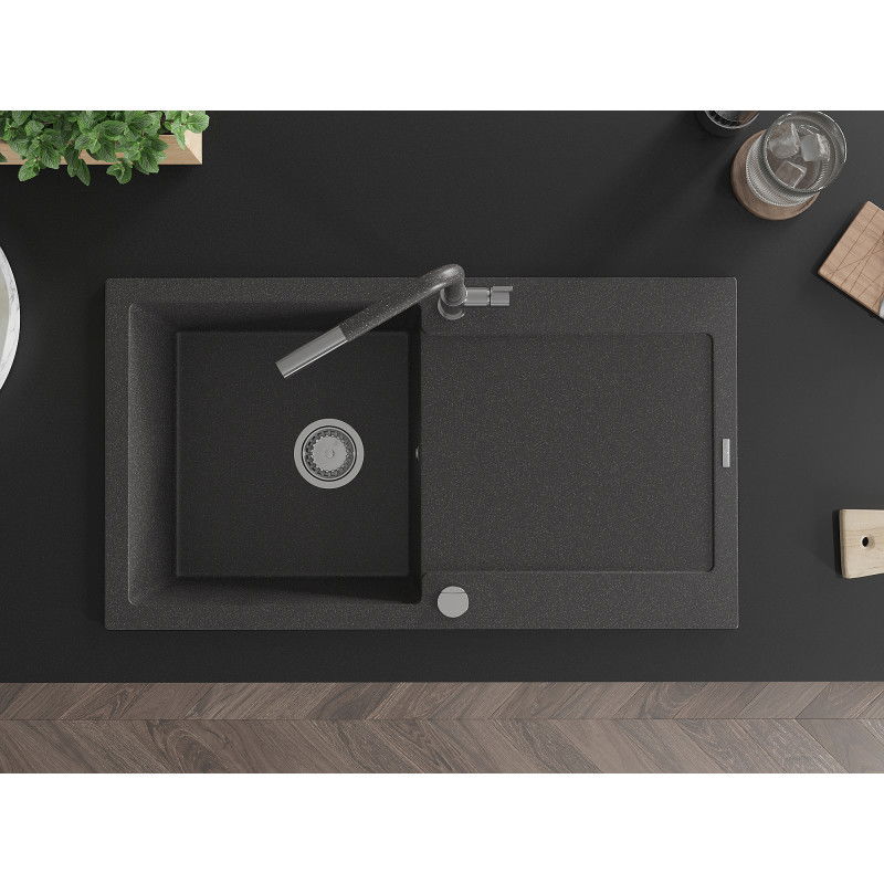 Mexen Leo granitový dřez 1-komorový s odkapávačem a kuchyňskou baterií Flora, černý skvrnitý - 6501-76-670401-08