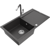 Mexen Leo granitový dřez 1-komorový s odkapávačem a kuchyňskou baterií Flora, černý skvrnitý - 6501-76-670401-08