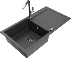 Mexen Leo granitový jednodřez s odkapávačem a kuchyňskou baterií Flora, černý skvrnitý - 6501-76-670401-08-B