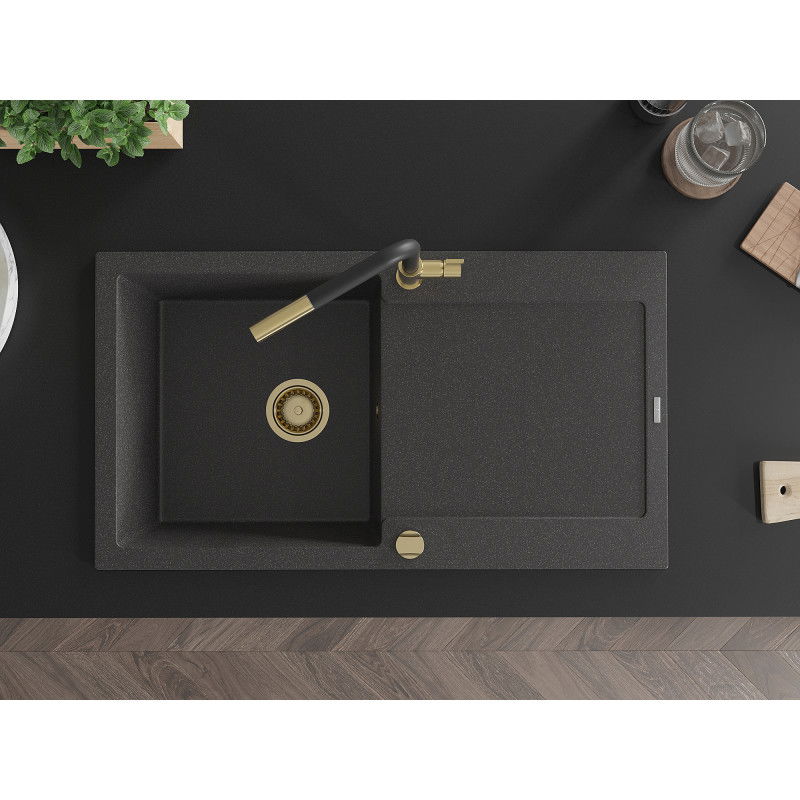Mexen Leo granitový dřez 1-komorový s odkapávačem a kuchyňskou baterií Flora, černý kropenatý - 6501-76-670401-57-G