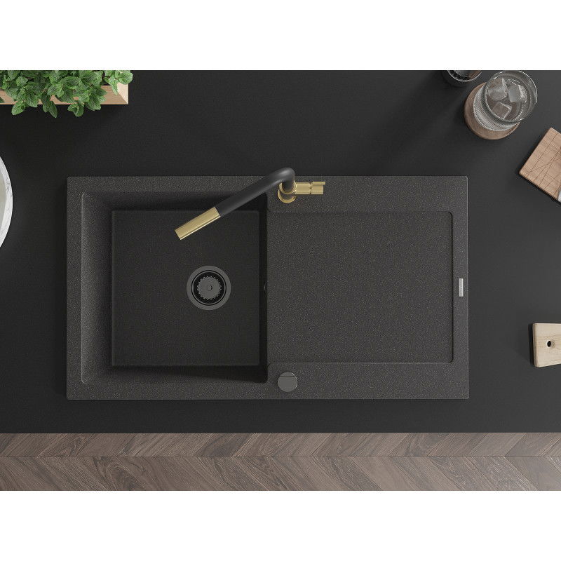 Mexen Leo granitový dřez 1-komorový s odkapávačem a kuchyňská baterie Flora, černý skvrnitý - 6501-76-670401-57-B