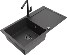 Mexen Leo granitový dřez 1-komorový s odkapávačem a kuchyňskou baterií Flora, černý s tečkami - 6501-76-670401-70-B