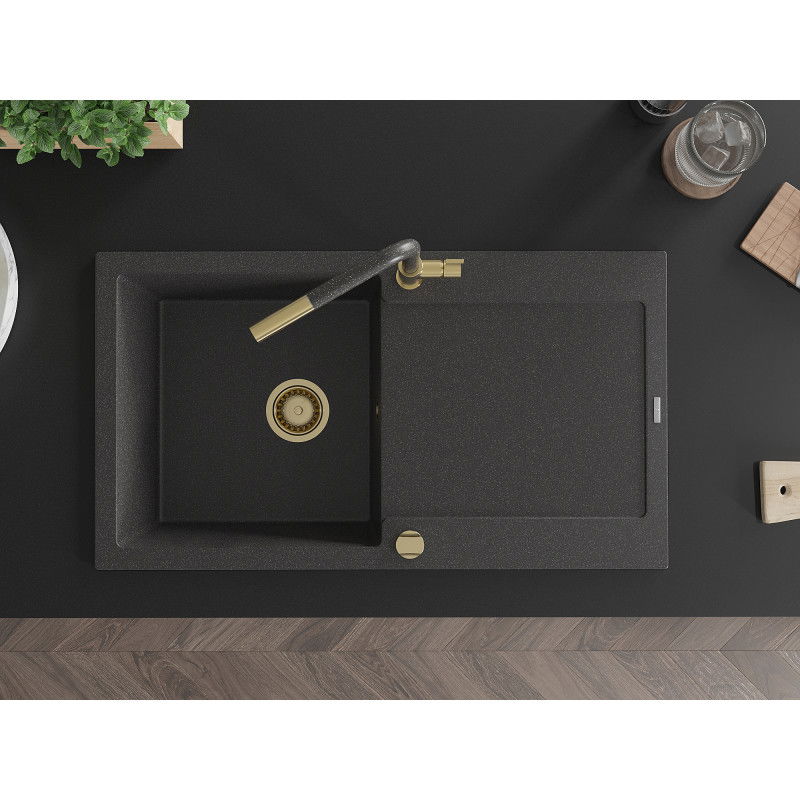 Mexen Leo granitový dřez 1-komorový s odkapávačem a kuchyňskou baterií Flora, černý skvrnitý - 6501-76-670401-75-G