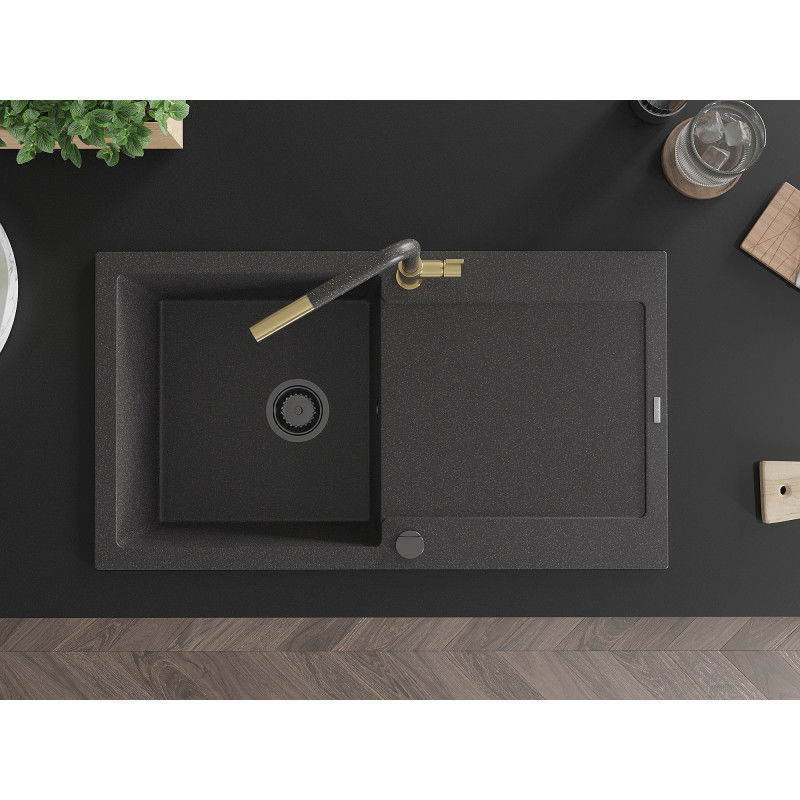 Mexen Leo granitový dřez 1-komorový s odkapávačem a kuchyňskou baterií Flora, černý perleťový - 6501-76-670401-75-B