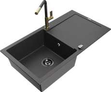 Mexen Leo granitový jednovanový dřez s odkapávačem a kuchyňskou baterií Flora, černý tečkovaný - 6501-76-670401-75-B