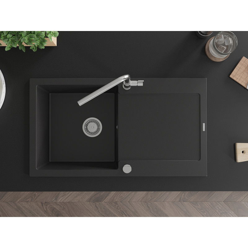 Mexen Leo granitový dřez 1-komorový s odkapávačem a kuchyňskou baterií Flora, černý - 6501-77-670401-00