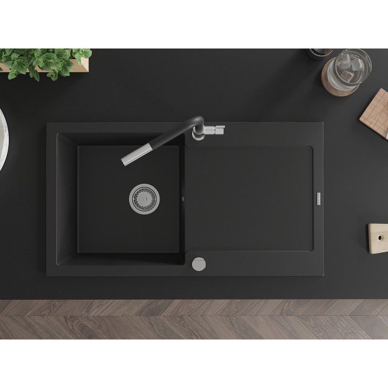 Mexen Leo granitový dřez s 1 komorou a odkapávačem a kuchyňskou baterií Flora, černý - 6501-77-670401-07