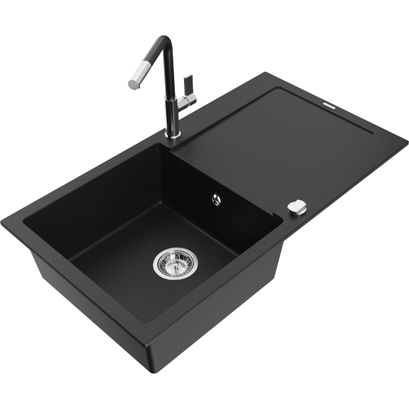 Mexen Leo granitový dřez s 1 komorou a odkapávačem a kuchyňskou baterií Flora, černý - 6501-77-670401-07