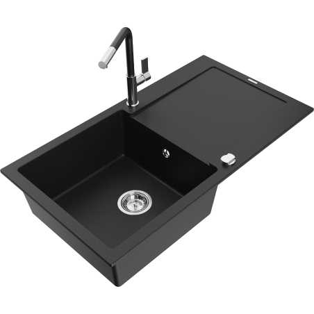 Mexen Leo granitový dřez s 1 komorou a odkapávačem a kuchyňskou baterií Flora, černý - 6501-77-670401-07