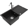 Mexen Leo granitový dřez s 1 komorou a odkapávačem a kuchyňskou baterií Flora, černý - 6501-77-670401-07