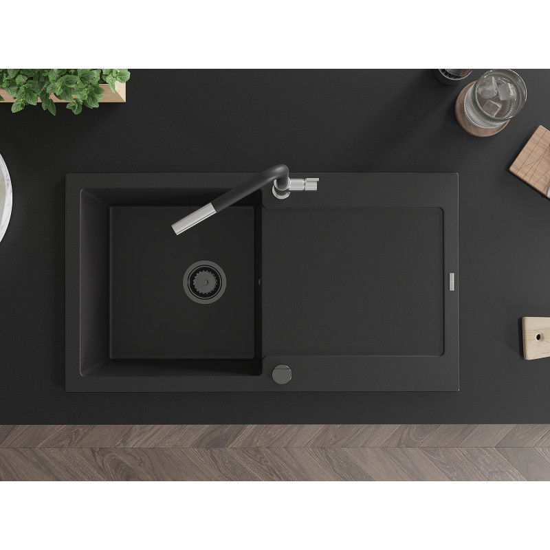 Mexen Leo granitový dřez 1-komorový s odkapávačem a kuchyňskou baterií Flora, černý - 6501-77-670401-07-B