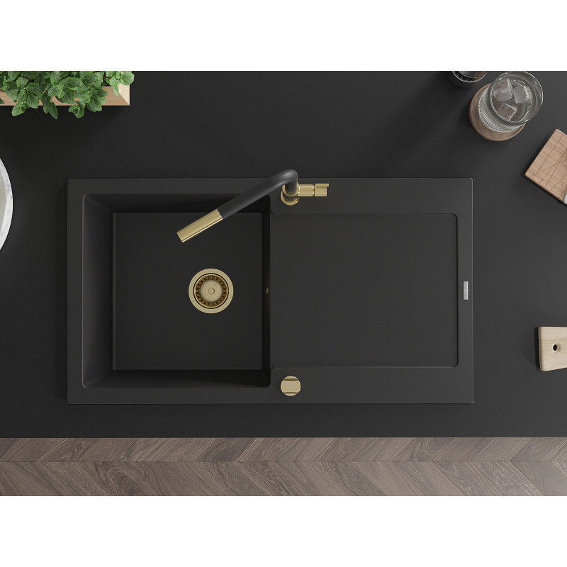 Mexen Leo granitový dřez 1-komorový s odkapávačem a kuchyňskou baterií Flora, černý - 6501-77-670401-57-G