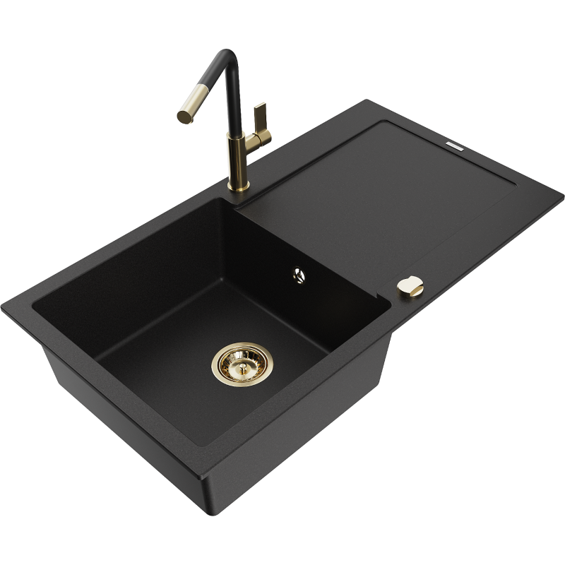 Mexen Leo granitový dřez 1-komorový s odkapávačem a kuchyňskou baterií Flora, černý - 6501-77-670401-57-G