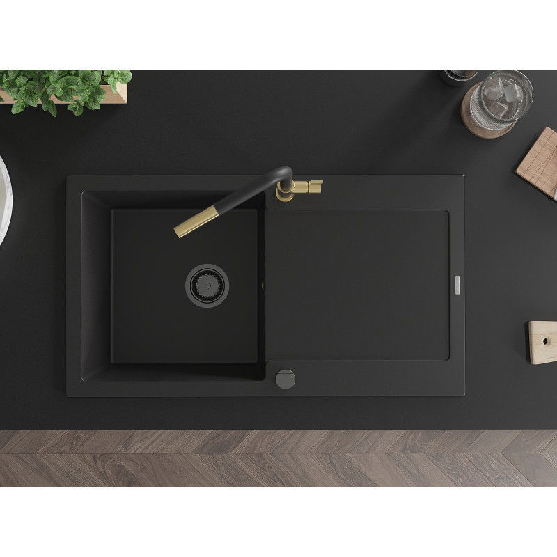 Mexen Leo granitový dřez 1-komorový s odkapávačem a kuchyňskou baterií Flora, černý - 6501-77-670401-57-B