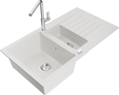 Mexen Matias granitový dřez 1,5-komorový s odkapávačem a kuchyňskou baterií Flora, bílý - 6502-20-670401-00