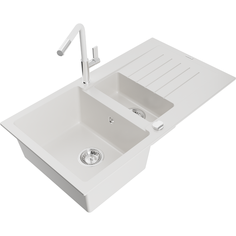 Mexen Matias Granitový Dřez 1,5-komorový s Odkapávačem a Kuchyňskou Baterií Flora, bílý - 6502-20-670401-02