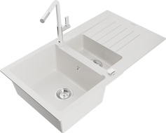 Mexen Matias Granitový Dřez 1,5-komorový s Odkapávačem a Kuchyňskou Baterií Flora, bílý - 6502-20-670401-02