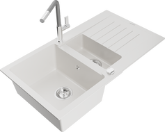 Mexen Matias granitový dřez 1,5-komorový s odkapávačem a kuchyňskou baterií Flora, bílý - 6502-20-670401-06