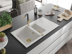 Mexen Matias granitový dřez 1,5-komorový s odkapávačem a kuchyňskou baterií Flora, bílý - 6502-20-670401-57-G