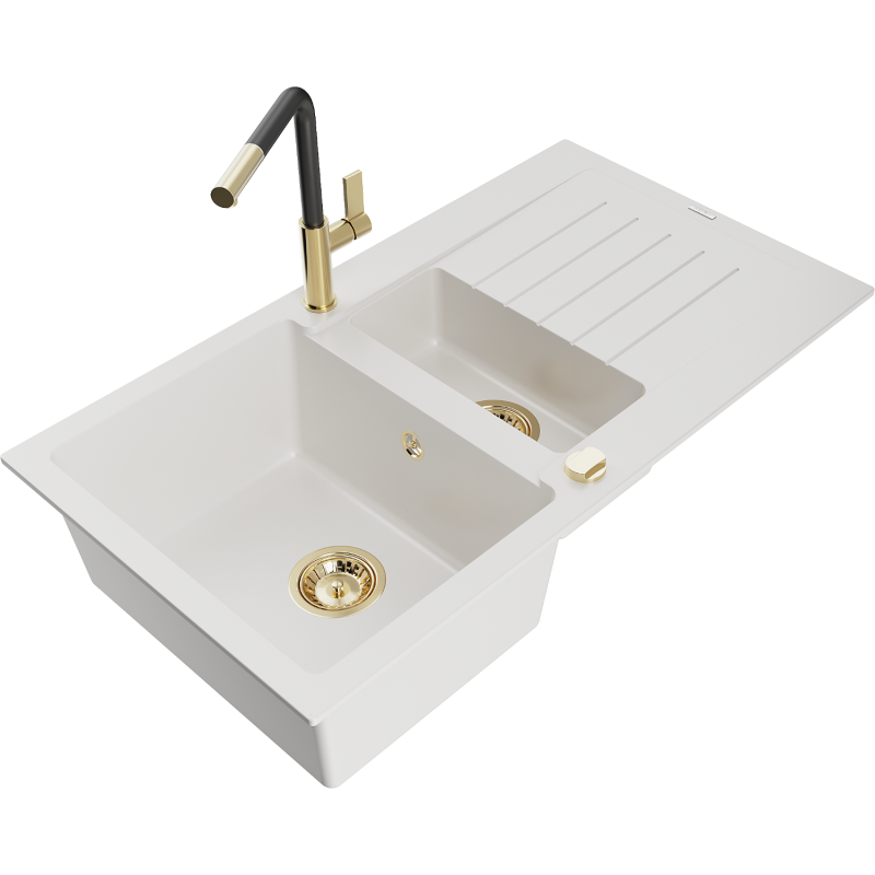 Mexen Matias granitový dřez 1,5-komorový s odkapávačem a kuchyňskou baterií Flora, bílý - 6502-20-670401-57-G