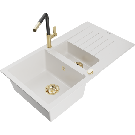 Mexen Matias granitový dřez 1,5-komorový s odkapávačem a kuchyňskou baterií Flora, bílý - 6502-20-670401-57-G