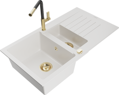 Mexen Matias granitový dřez 1,5-komorový s odkapávačem a kuchyňskou baterií Flora, bílý - 6502-20-670401-57-G