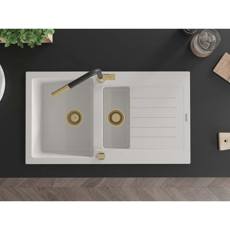 Mexen Matias granitový dřez 1,5-komorový s odkapávačem a kuchyňskou baterií Flora, bílý - 6502-20-670401-57-G