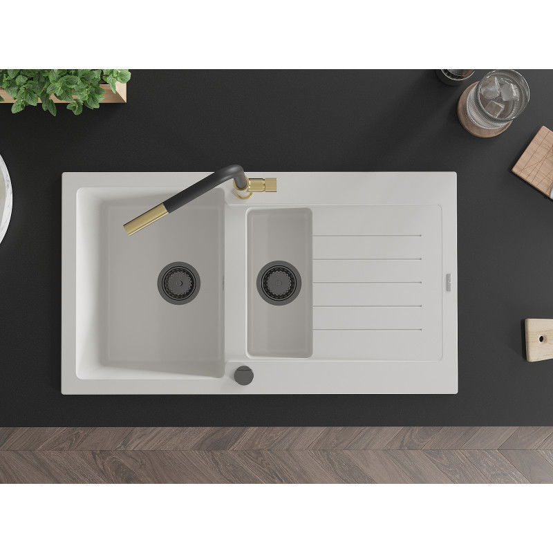 Mexen Matias granitový dřez 1,5-komorový s odkapávačem a kuchyňskou baterií Flora, bílý - 6502-20-670401-57-B