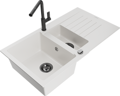 Mexen Matias žulový dřez 1,5-komorový s odkapávačem a kuchyňskou baterií Flora, bílý - 6502-20-670401-70-B