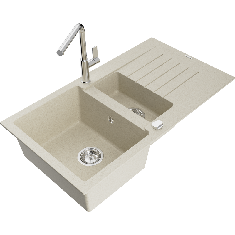 Mexen Matias granitový dřez 1,5-komorový s odkapávačem a kuchyňskou baterií Flora, béžový - 6502-69-670401-00