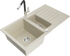 Mexen Matias granitový dřez 1,5-komorový s odkapávačem a kuchyňskou baterií Flora, béžový - 6502-69-670401-07