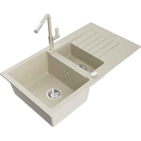 Mexen Matias granitový dřez 1,5-komorový s odkapávačem a kuchyňskou baterií Flora, béžový - 6502-69-670401-09